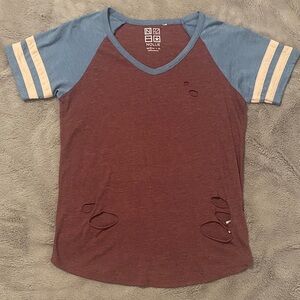 Nollie (Pac-Sun) Juniors V-Neck Shirt - Blue Tan and Burgundy